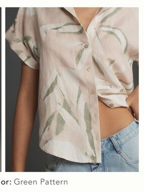 Anthropologie Cloth & Stone linen surf shirt cream green Pink Leaf New Large